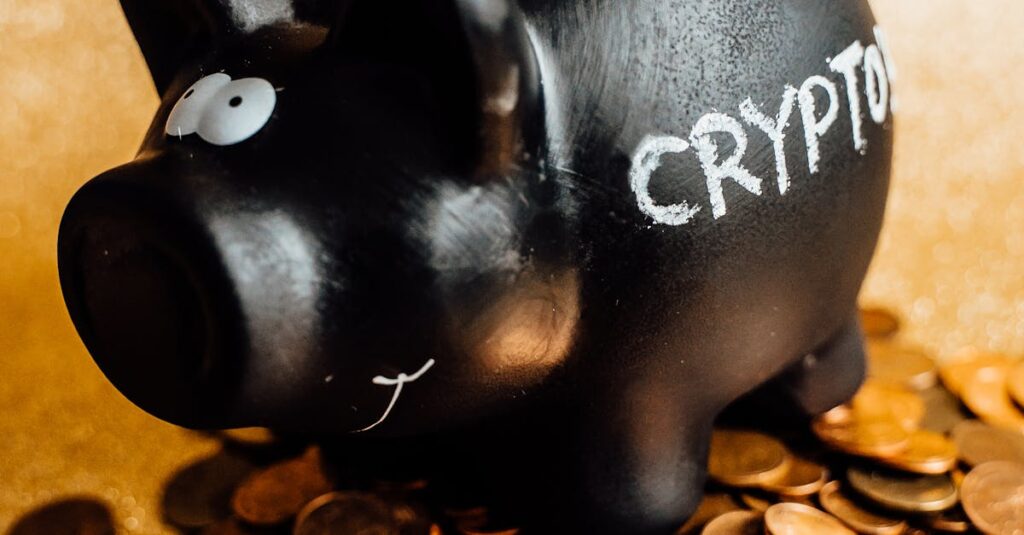 A black piggy bank labeled 'CRYPTO' surrounded by various coins on a gold background.